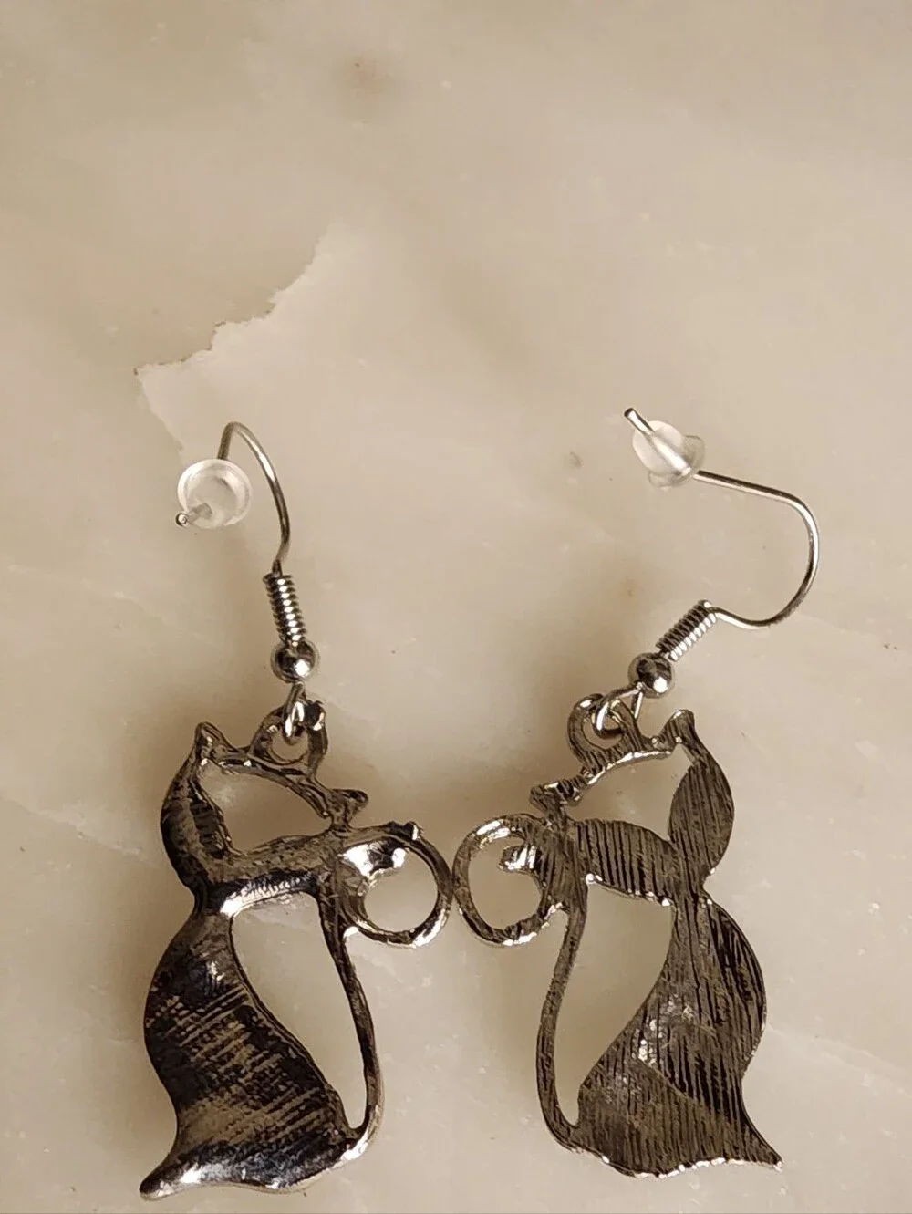 Blue Cat Dangle Earrings - Silver Tone